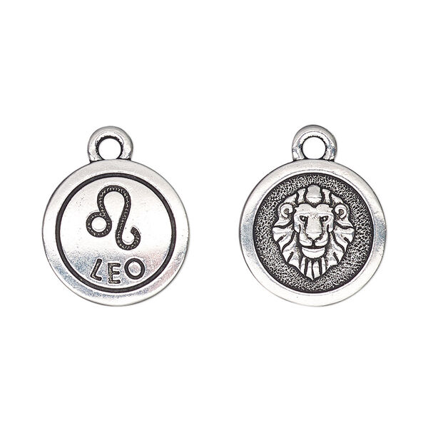 Charm, TierraCast®, antique silver-plated pewter (tin-based alloy), 15mm two-sided flat round with Leo zodiac sign and symbol. Sold per pkg of 2. image number 0