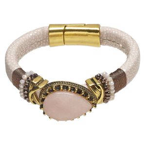 Bracelet 1pkg1 faux leather / glass rhinestone / antique gold-finished brass and stainless steel, pink and white, 10mm width with faceted teardrop, 6 inches with magnetic clasp.