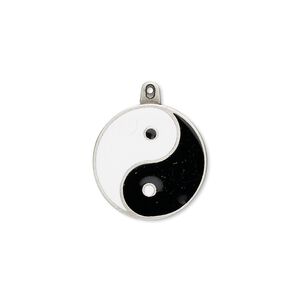 Charm, "pewter" (zinc-based alloy) and enamel, black and white, 20mm yin-yang round. Sold individually.
