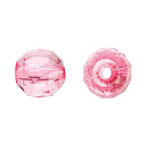 Bead, acrylic, pink, 15mm faceted round. Sold per 100-gram pkg, approximately 50 beads.
