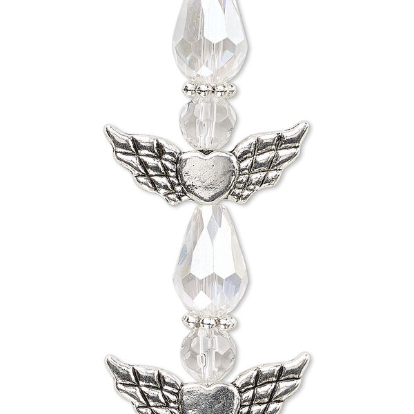 Bead, crystal and antique silver-plated "pewter" (zinc-based alloy), translucent clear AB, 25x22mm angel. Sold per pkg of 4. image number 0