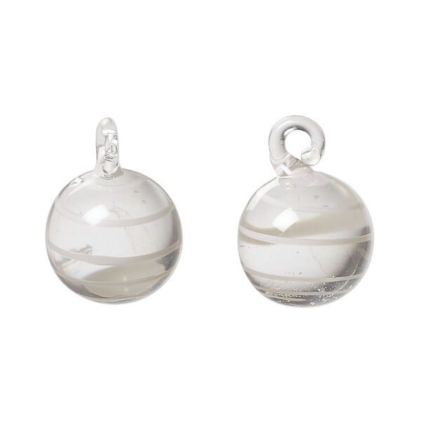 Drop, lampworked glass, grey and clear, swirl, 14mm round. Sold per pkg of 2. image number 0