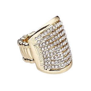 Ring, stretch, glass rhinestone / plastic / gold-finished "pewter" (zinc-based alloy), clear, 26.5mm wide with rectangle, size 7-8. Sold individually.