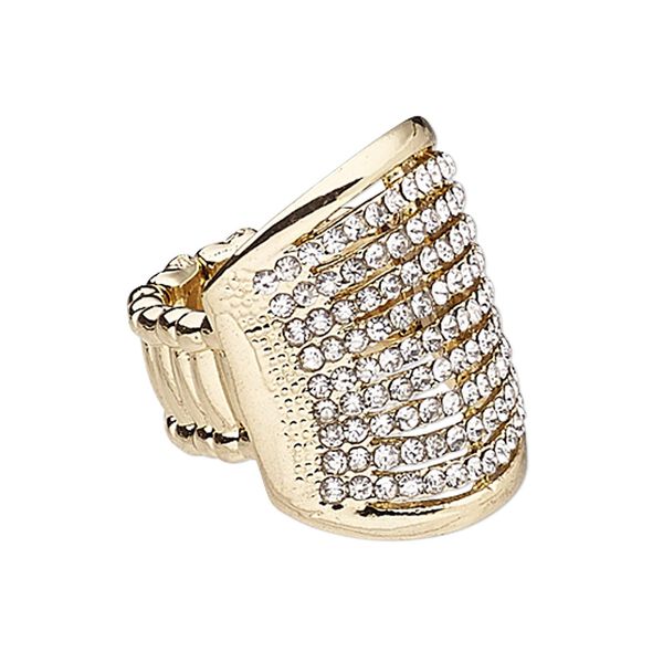 Ring, stretch, glass rhinestone / plastic / gold-finished "pewter" (zinc-based alloy), clear, 26.5mm wide with rectangle, size 7-8. Sold individually. image number 0