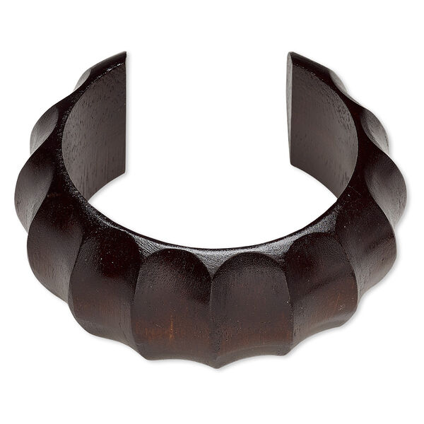 Bracelet, cuff, wood (dyed / waxed), dark brown, 35mm wide hand-carved rippled band, 7-1/2 inches. Sold individually. image number 0