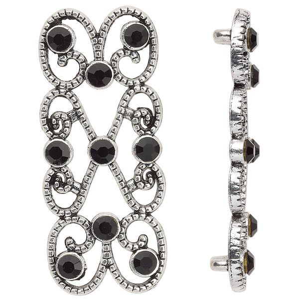 Spacer, antique silver-plated "pewter" (zinc-based alloy) and Czech glass rhinestone, black, 39x18mm 2-strand fancy rectangle. Sold per pkg of 4. image number 0