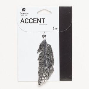 Focal, silver-finished "pewter" (zinc-based alloy), 64x22mm 2-sided textured feather with "your vibe attracts your tribe." Sold individually.
