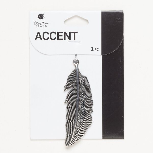 Focal, silver-finished "pewter" (zinc-based alloy), 64x22mm 2-sided textured feather with "your vibe attracts your tribe." Sold individually. image number 0
