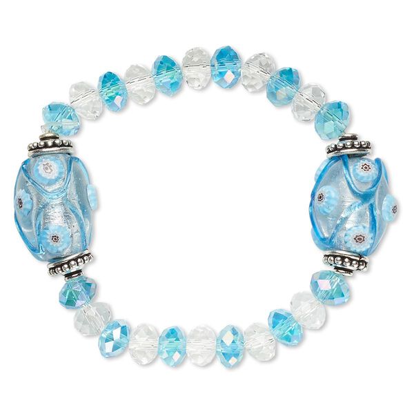 Bracelet, stretch, glass / lampworked glass / millefiori glass / antique silver-finished brass, clear / aqua / light blue with silver-colored foil, 18x16mm oval, 6 inches. Sold individually. image number 0