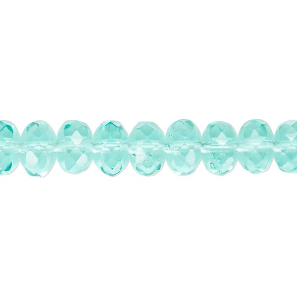 Bead, Czech fire-polished glass, transparent light aqua, 9x5mm faceted rondelle. Sold per 15-1/2" to 16" strand. image number 0