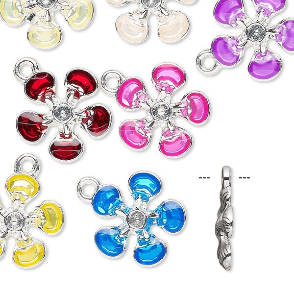 Charm, enamel / glass rhinestone / silver-finished "pewter" (zinc-based alloy), assorted colors, 14x14mm flower. Sold per pkg of 8. image number 0