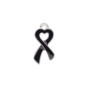 Charm, enamel and silver-finished "pewter" (zinc-based alloy), black, 18x10.5mm single-sided awareness ribbon heart. Sold per pkg of 2.