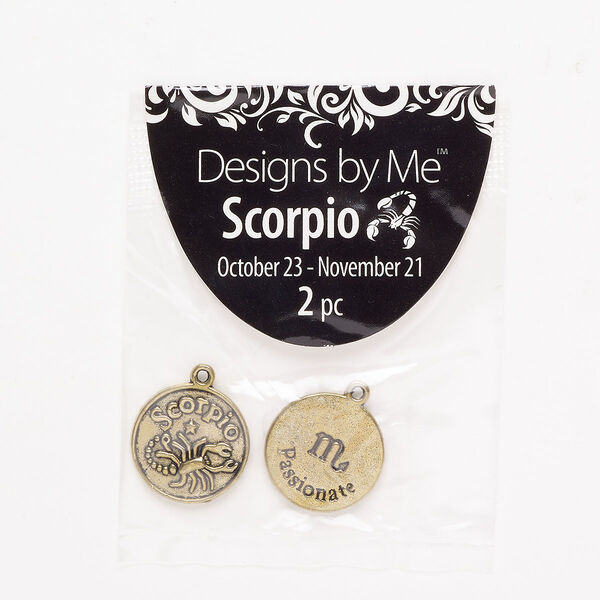 "Pewter" (zinc-based alloy) / enamel 1pkg2, 2-sided round charm / Scorpio / "Passionate" antique gold finish / black 18mm image number 0