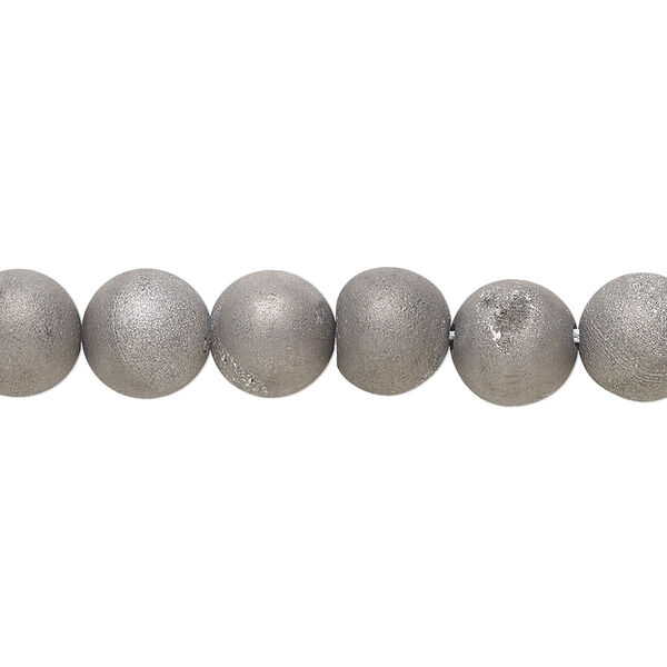 Bead, druzy agate (coated), opaque grey, 8mm hand-cut round, Mohs hardness 6-1/2 to 7. Sold per 8-inch strand, approximately 25 beads. image number 0
