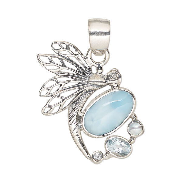 Pendant, Create Compliments®, sterling silver and multi-gemstone (natural / bleached / irradiated), 35x23mm with dragonfly and15x9mm oval. Sold individually. image number 0