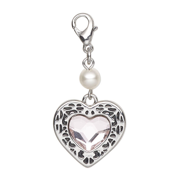 Focal steel brass crystal acrylic pearl 1pk 35x18mm heart with lobster claw clasp, antique silver finish pink clear image number 0