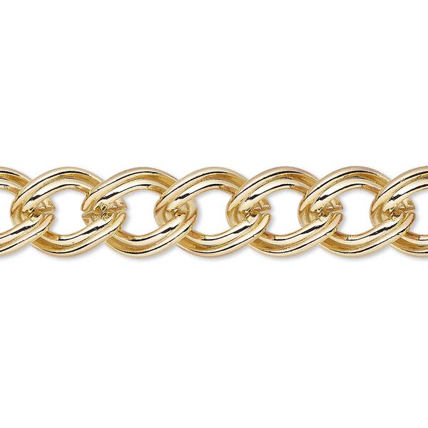 Chain, gold-finished brass, 9.5mm double curb. Sold per 50-foot spool. image number 0