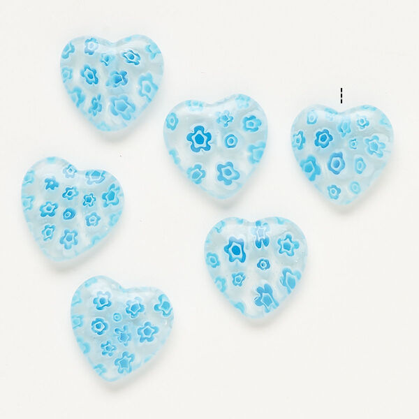 Bead, millefiori glass, clear / translucent sky blue / white, 17-19mm half-drilled puffed heart. Sold per pkg of 6. image number 0