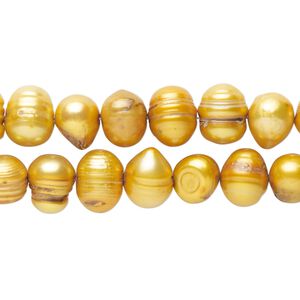 Pearl, cultured freshwater pearl (dyed), pkg/14 inches, gold/copper/brass, 7-11mm semi-potato.