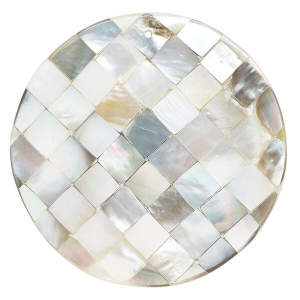 Focal, black lip shell / gold lip shell / mother-of-pearl shell / resin (assembled) 1pkg1, 49-50mm top-drilled 1sided domed round with checkerboard pattern. image number 0