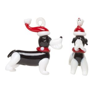 Focal, lampworked glass, opaque white / black / red, 40x38mm 3D Santa dog. Sold individually.