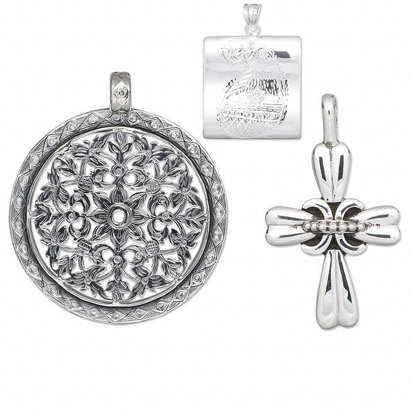Pendant mix, sterling silver, 30-87mm mixed shape. Sold per pkg of 3. image number 0