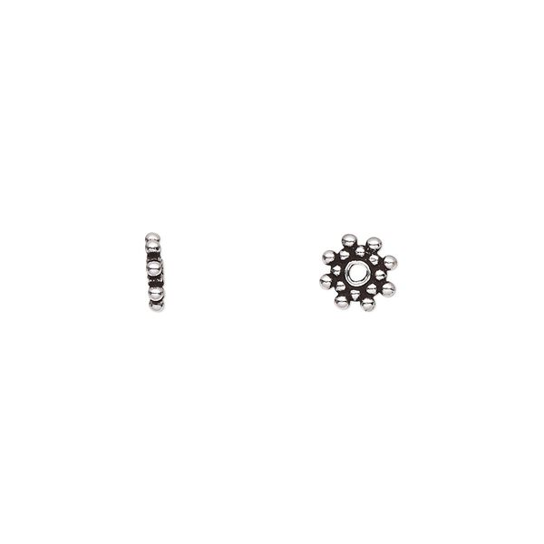 Bead, antiqued Rajasthani sterling silver, 6x1mm beaded rondelle. Sold per pkg of 10. image number 0