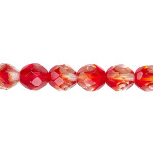 Bead, Czech fire-polished glass, two-tone, crystal/red, 8mm faceted round. Sold per 15-1/2" to 16" strand.