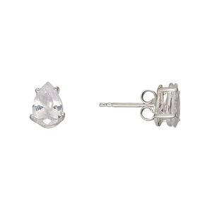 Earstud, cubic zirconia and sterling silver, clear, 9x7mm faceted teardrop with post. Sold per pair.