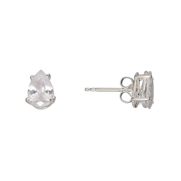 Earstud, cubic zirconia and sterling silver, clear, 9x7mm faceted teardrop with post. Sold per pair. image number 0