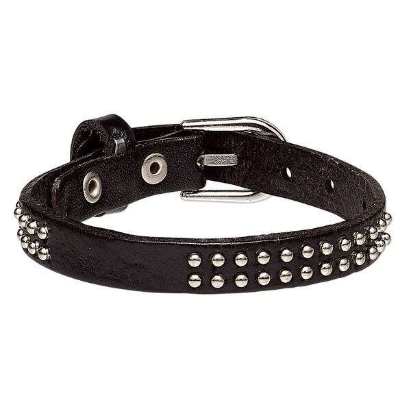Bracelet, leather (dyed) and silver-plated steel, black, 10mm wide with round studs, adjustable from 6 to 7-1/2 inches with buckle-style closure. Sold individually. image number 0
