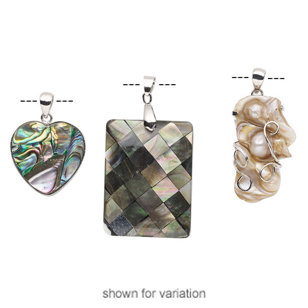 Pendant mix, epoxy / multi-shell (natural / dyed / assembled) / imitation rhodium-finished brass, mixed colors, 26x25mm-70x70mm mixed shape. Sold per pkg of 3. image number 2
