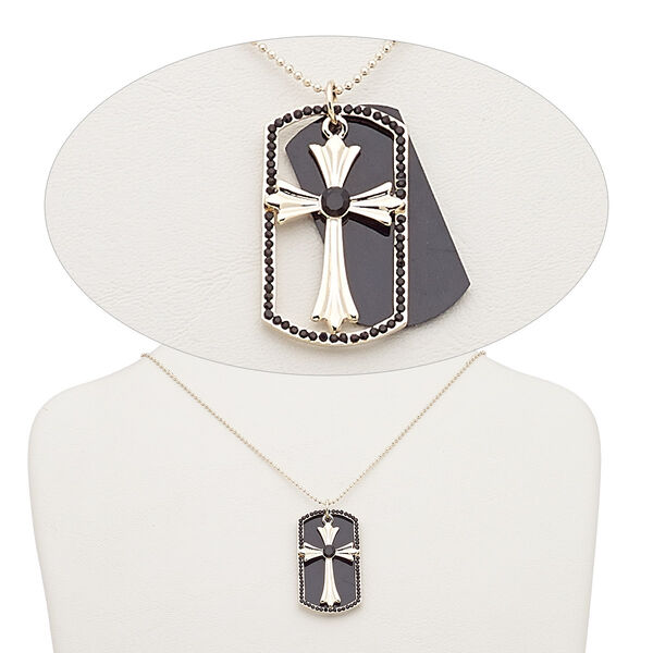 Necklace, Czech glass rhinestone / gold-finished steel / brass / "pewter" (zinc-based alloy), black, 43x24mm rounded rectangle with cross, 17 inches with 2-inch extender chain and lobster claw clasp. Sold individually. image number 0