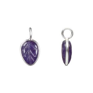 Drop, sterling silver and amethyst (natural), 14x9.5mm carved leaf. Sold individually.
