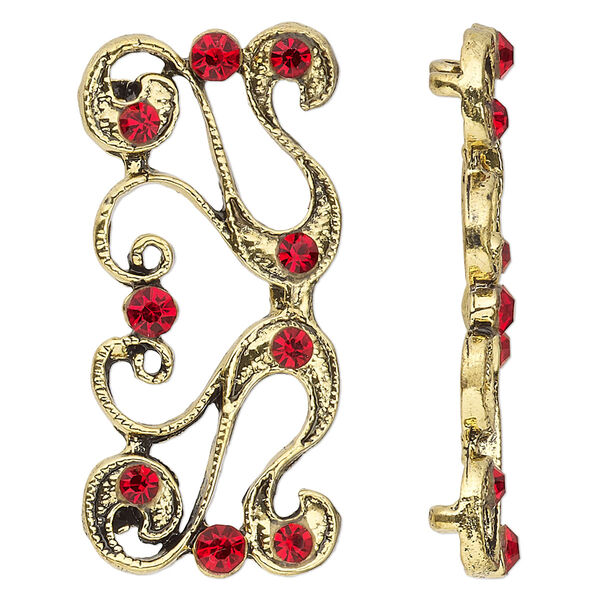 Spacer, antiqued gold-finished "pewter" (zinc-based alloy) and Czech glass rhinestone, light Siam, 40x19mm 2-strand fancy rectangle with flourish design. Sold per pkg of 4. image number 0