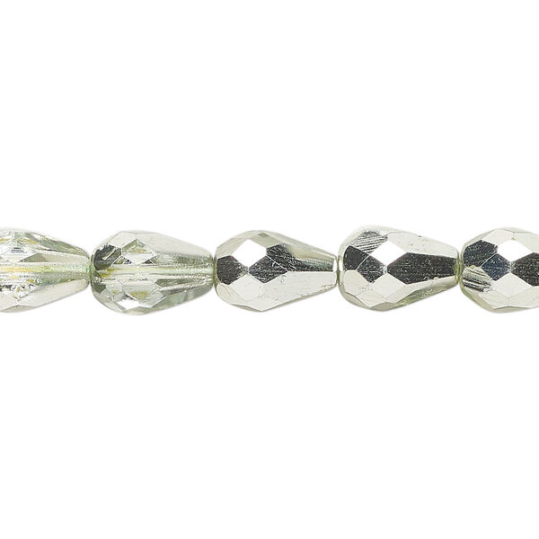 Bead, Czech fire-polished glass, opaque silver and clear, 10x7mm faceted teardrop. Sold per 18-inch strand, approximately 50 beads. image number 0