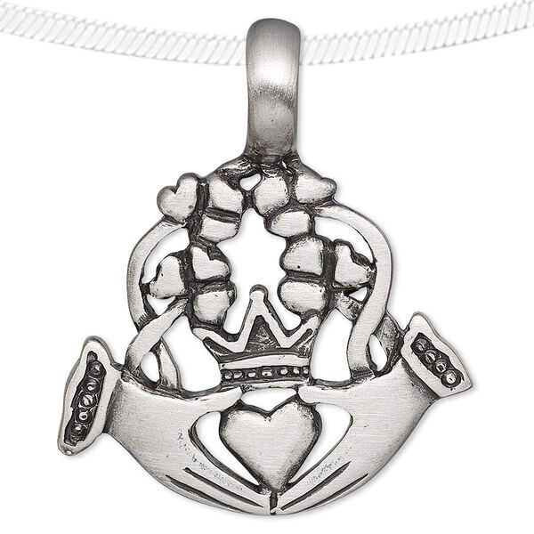 Pendant, antiqued pewter (tin-based alloy), 42x35mm Claddagh. Sold individually. image number 0