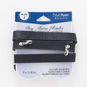 Bracelet, wrap, faux leather / steel / silver-finished "pewter" (zinc-based alloy), black, 12mm wide, 22 inches with (2) snaps and (2) lobster claw clasps. Sold individually.