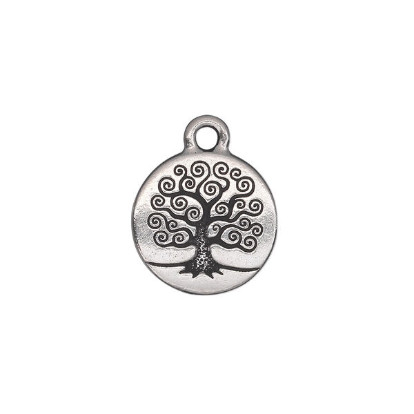 Drop, TierraCast®, antique silver-plated pewter (tin-based alloy), 15.5mm double-sided flat round with tree of life. Sold per pkg of 2. image number 0