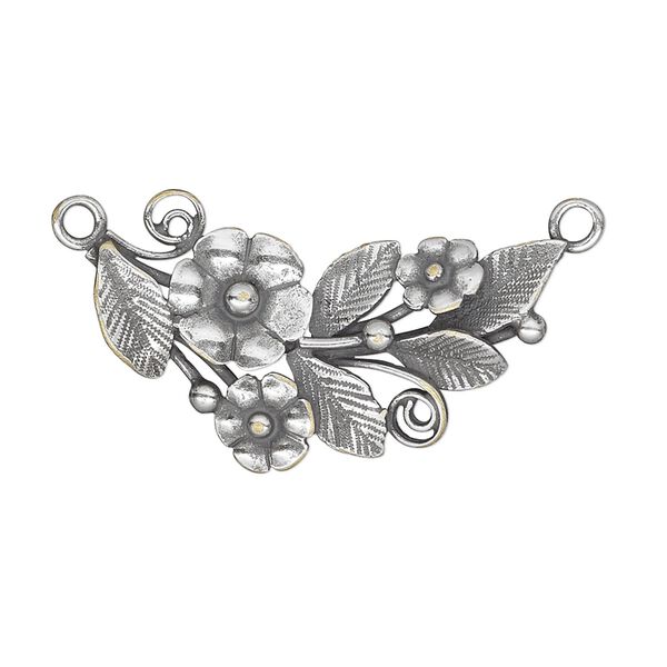 Focal, JBB Findings, antique silver-plated brass, 31x19mm single-sided with flowers and leaves, 2 loops. Sold individually. image number 0