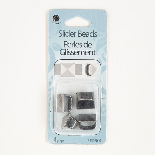 Bead, slider, antique silver-finished brass, 13mm square. Sold per pkg of 4. image number 0