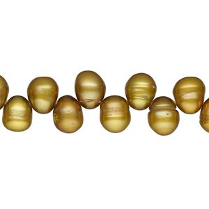Pearl, cultured freshwater pearl (dyed), golden pear, 8x7mm-10x8mm top-drilled teardrop , D grade, Mohs hardness 2-1/2 to 4. Sold per 15" strand, approximately 80 beads.