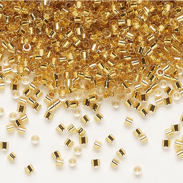 Seed bead, Delica®, glass, pkg/4g, #15 round, translucent 24Kt gold-lined crystal gold (DBS-0033). image number 0