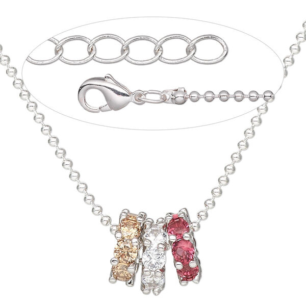 Necklace, Everyday Jewelry™, cubic zirconia and silver-plated brass beads with silver-plated brass chain, 24 inches. Sold individually. image number 0