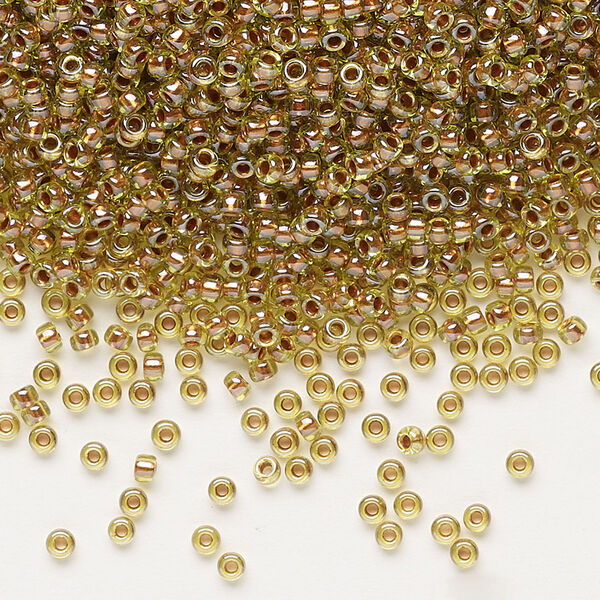 Seed bead, Miyuki, glass, pkg/25g, #11 rocaille, opaque copper pearl-lined chartreuse, (RR-3805). image number 0