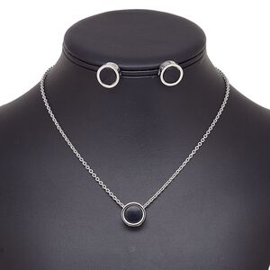 Necklace and earring set, enamel / stainless steel / imitation rhodium-finished brass / steel / "pewter" (zinc-based alloy), black, 14mm round, 15" to 16" necklace with 2-inch extender chain and lobster claw clasp, 14mm round with post. Sold per set.