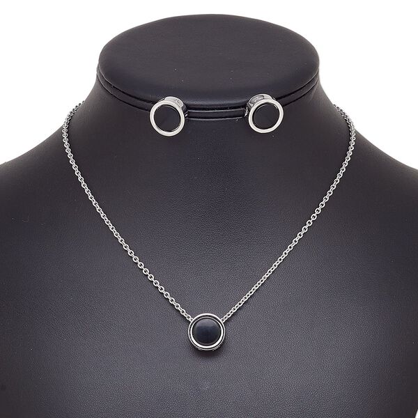 Necklace and earring set, enamel / stainless steel / imitation rhodium-finished brass / steel / "pewter" (zinc-based alloy), black, 14mm round, 15" to 16" necklace with 2-inch extender chain and lobster claw clasp, 14mm round with post. Sold per set. image number 0
