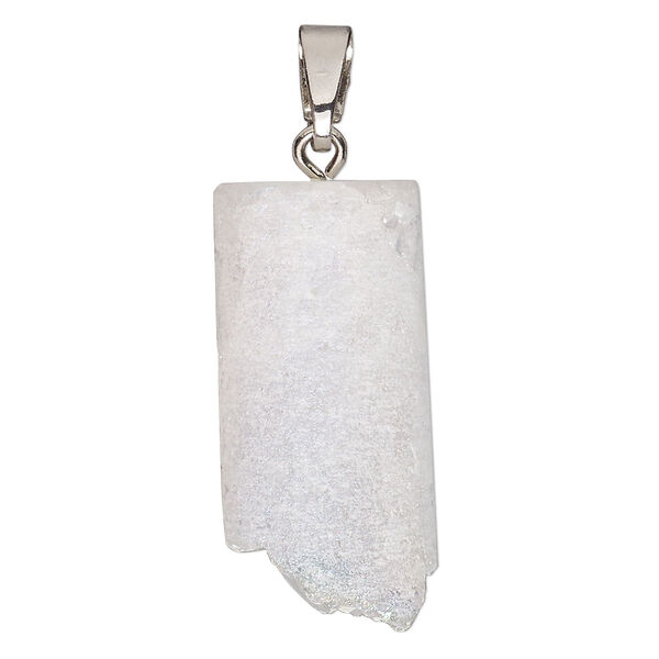 Pendant, quartz crystal (natural) and imitation rhodium-plated brass, white AB, 34x16mm irregular rectangle. Sold individually. image number 0