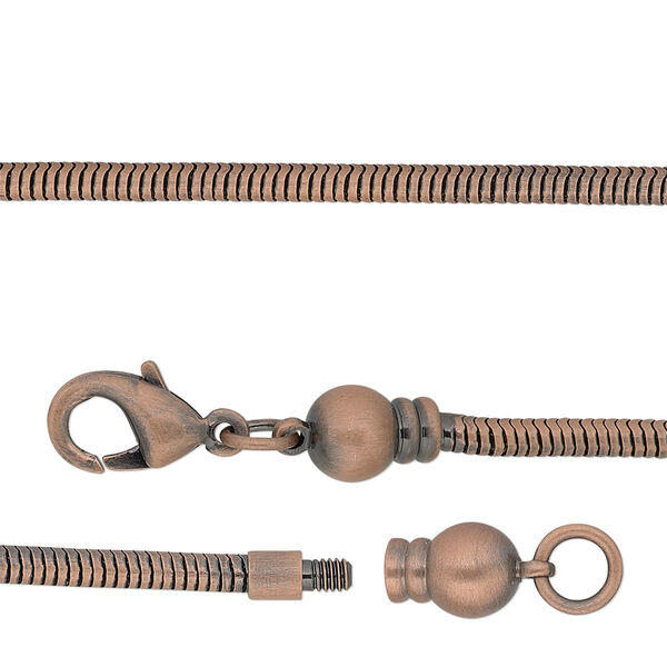 Dione® Easy-On Chain, antique copper-plated brass, 2.6mm snake, 24 inches with 3.3mm threaded ball end and lobster claw clasp. Sold individually. image number 0