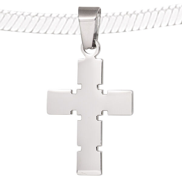 Pendant, stainless steel, 32x20mm double-sided notched cross. Sold individually. image number 0